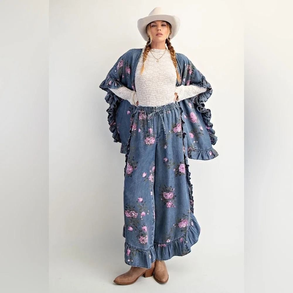 Easel Blue Floral Tencel Cropped Pants with Ruffle Hem - Picture 3 of 3